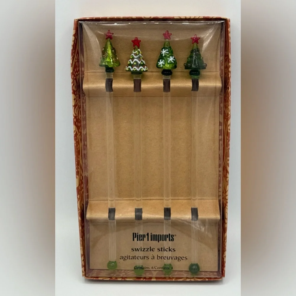 Pier 1 Christmas‎ Tree Holiday Glass Swizzle Sticks New Old Stock Set of 4 NIP
